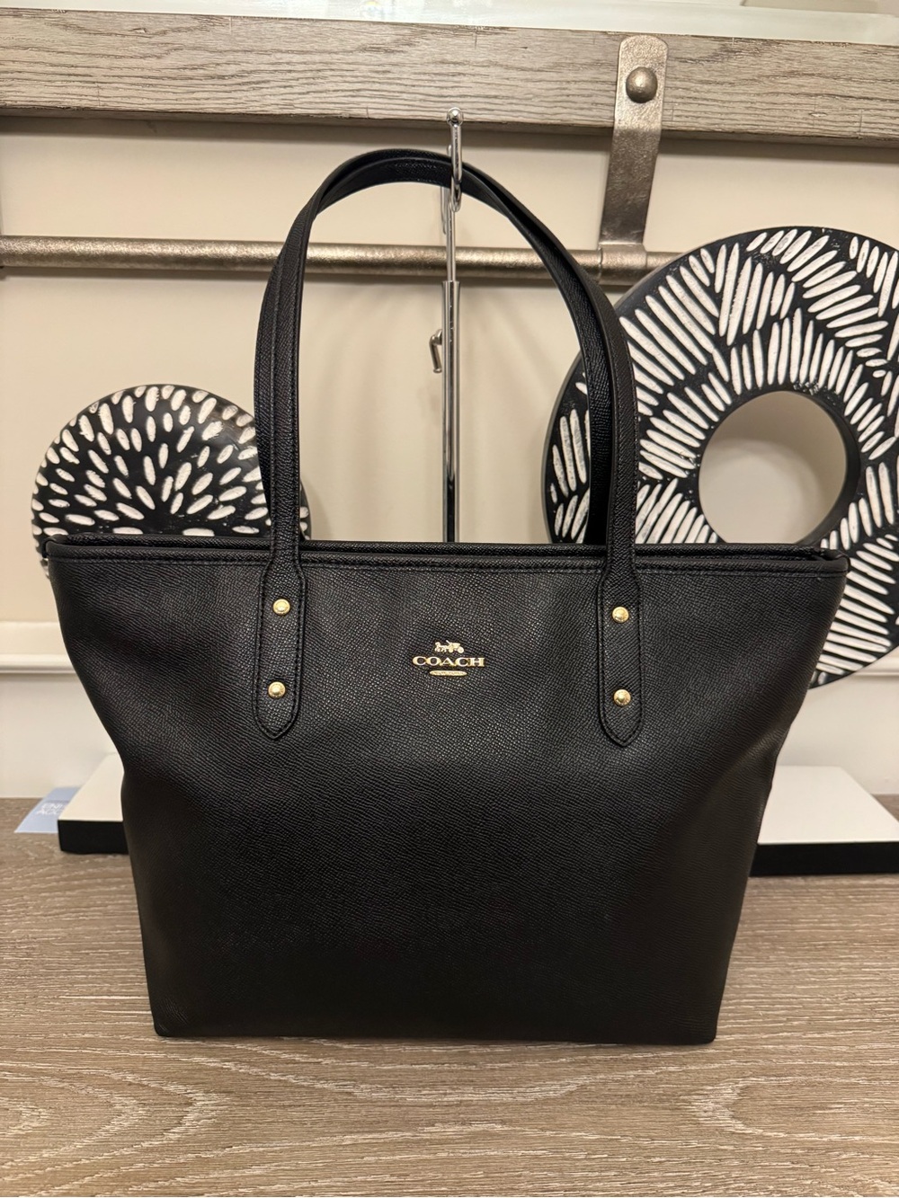 Coach Black Saffiano Leather Tote with Gold Accents